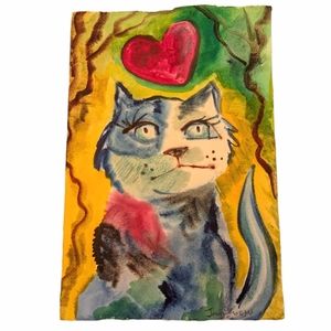 Original signed watercolor Cat Heart